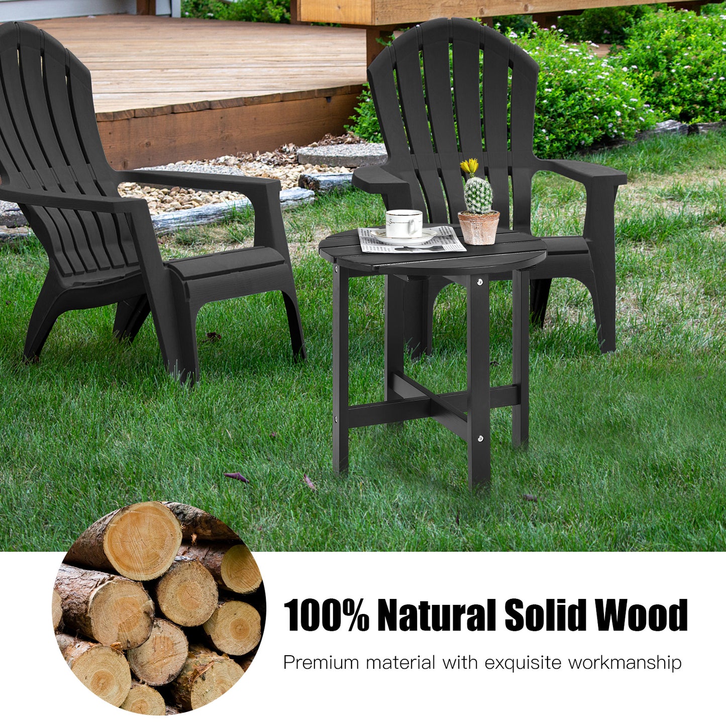 Round Wood Patio End Table with Slatted Design for Balcony Lawn-Black