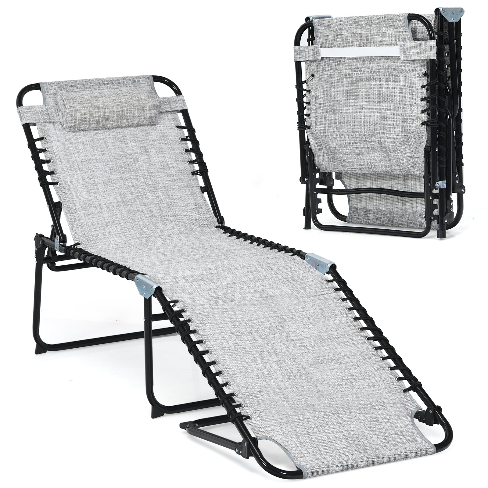 Folding Reclining Sun Lounger with 4 Adjustable Positions -Grey