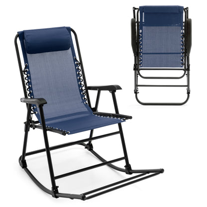 Folding Garden Rocking Chair with Extended Footrest and Padded Headrest-Blue