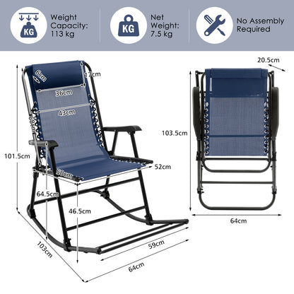 Folding Garden Rocking Chair with Extended Footrest and Padded Headrest-Blue