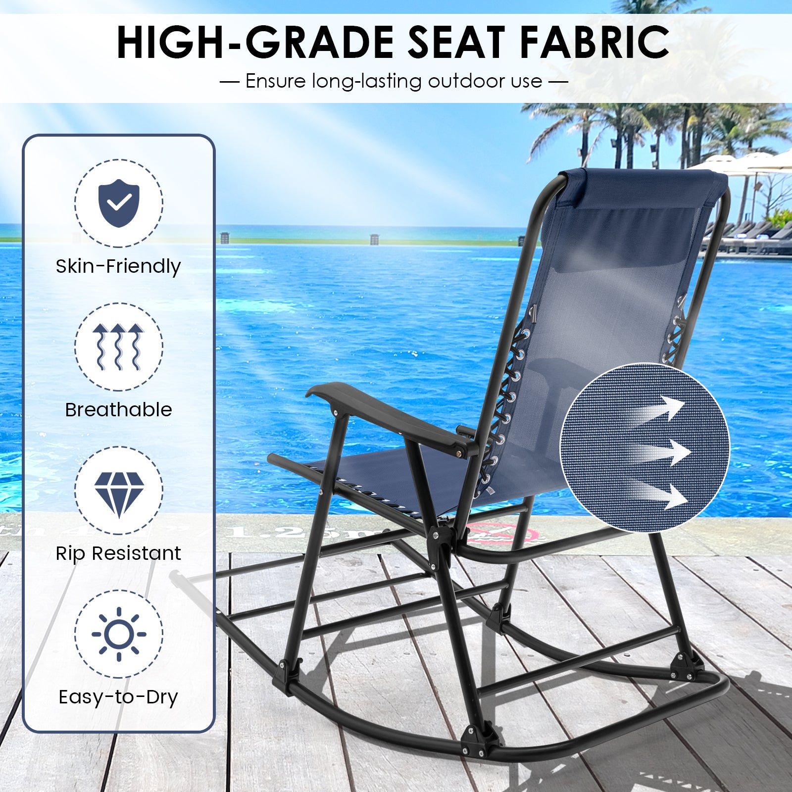 Folding Garden Rocking Chair with Extended Footrest and Padded Headrest-Blue