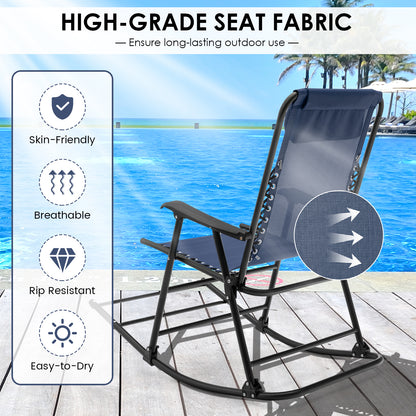 Folding Garden Rocking Chair with Extended Footrest and Padded Headrest-Blue