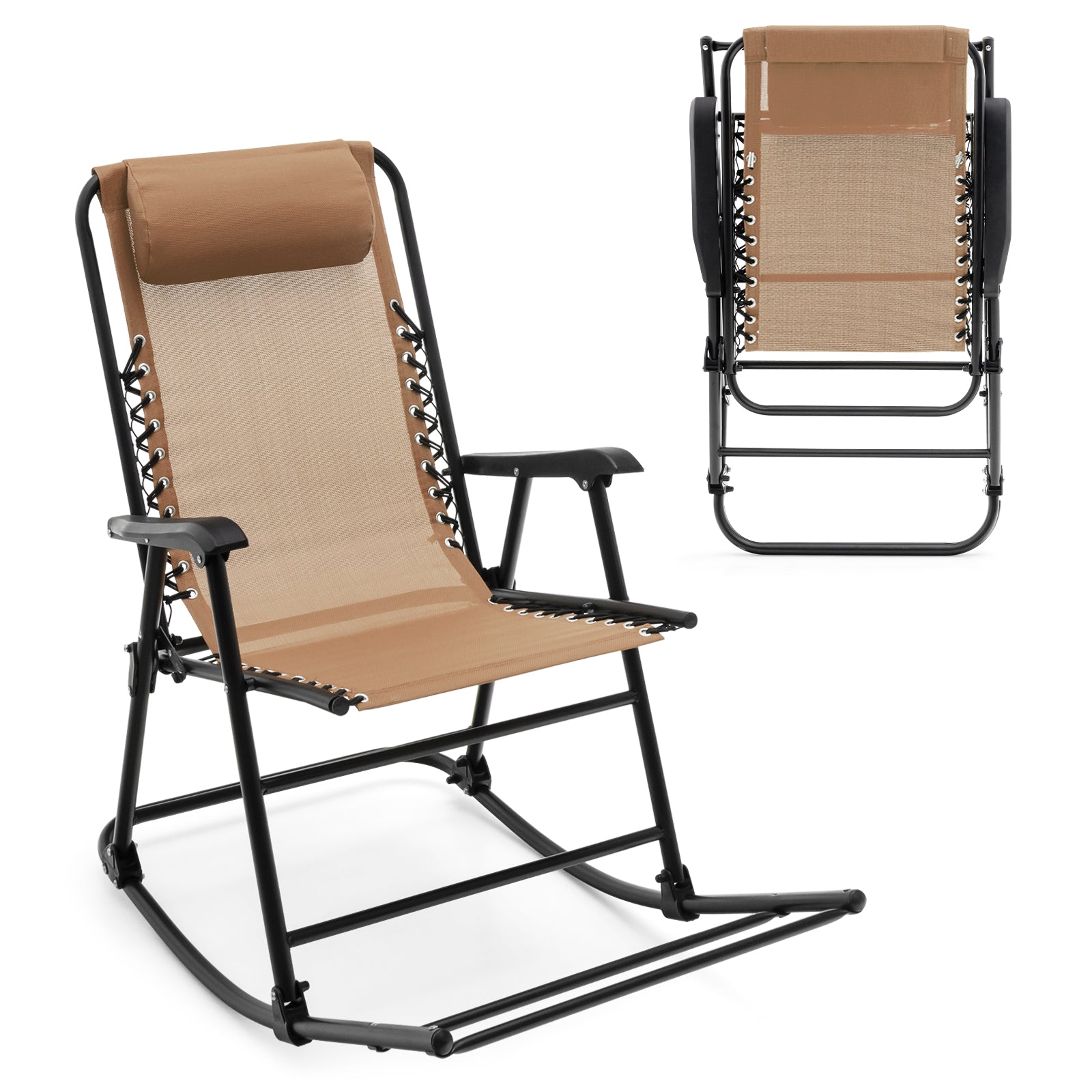 Folding Garden Rocking Chair with Extended Footrest and Padded Headrest-Brown