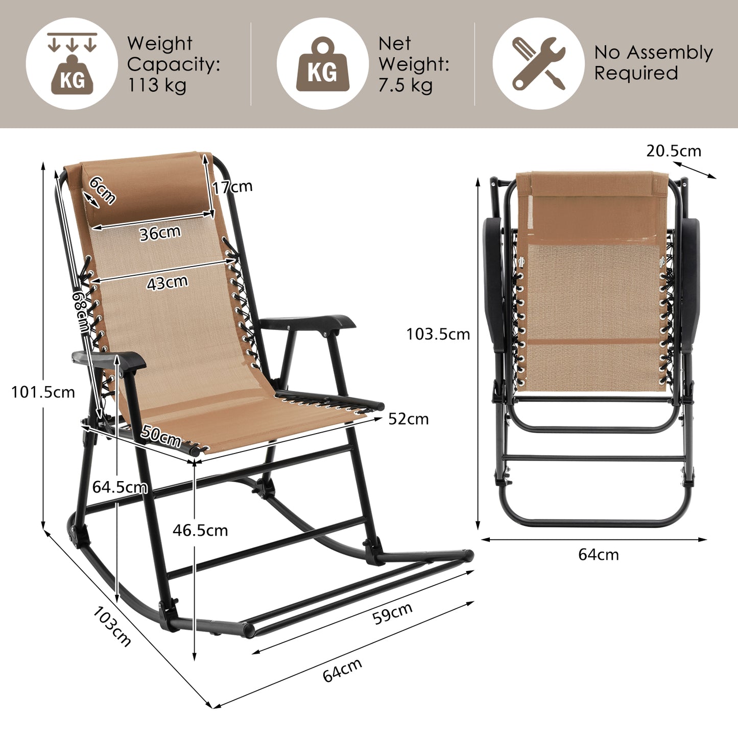 Folding Garden Rocking Chair with Extended Footrest and Padded Headrest-Brown
