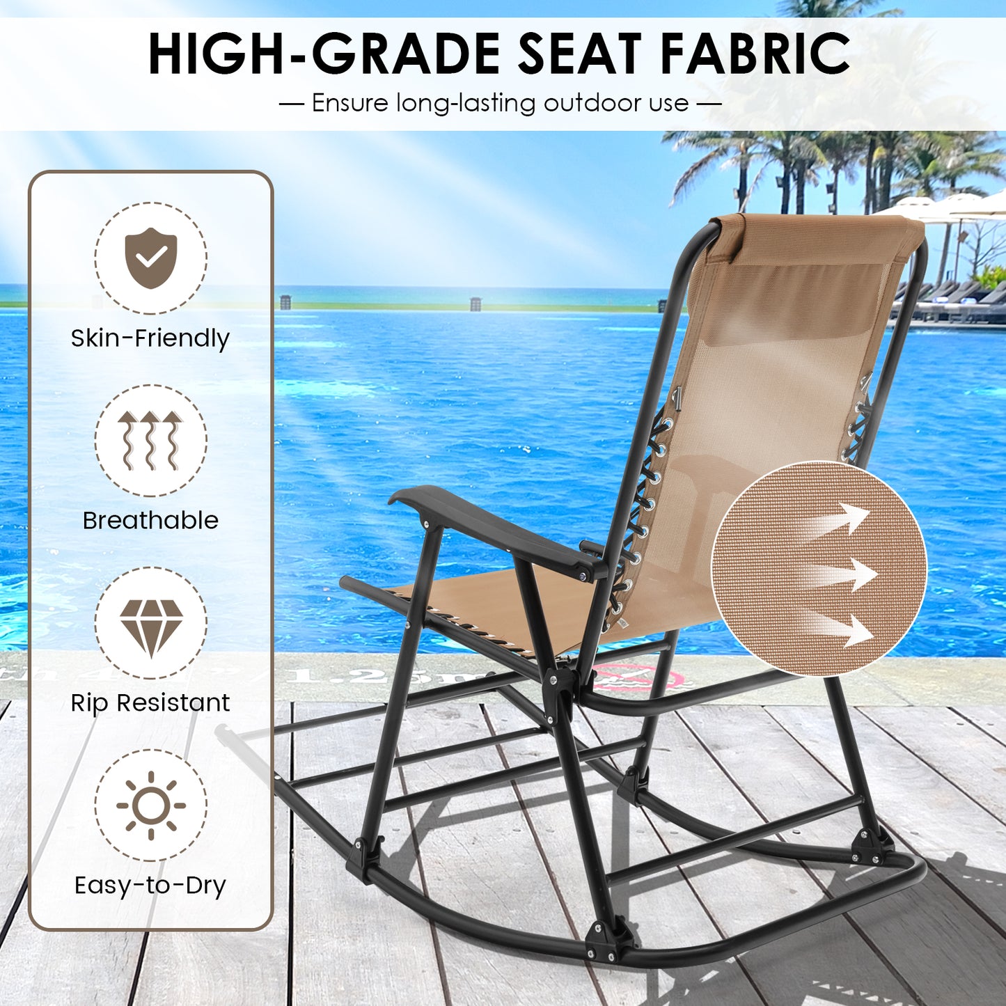 Folding Garden Rocking Chair with Extended Footrest and Padded Headrest-Brown