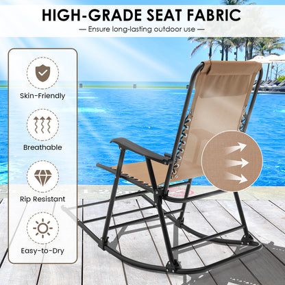 Folding Garden Rocking Chair with Extended Footrest and Padded Headrest-Brown