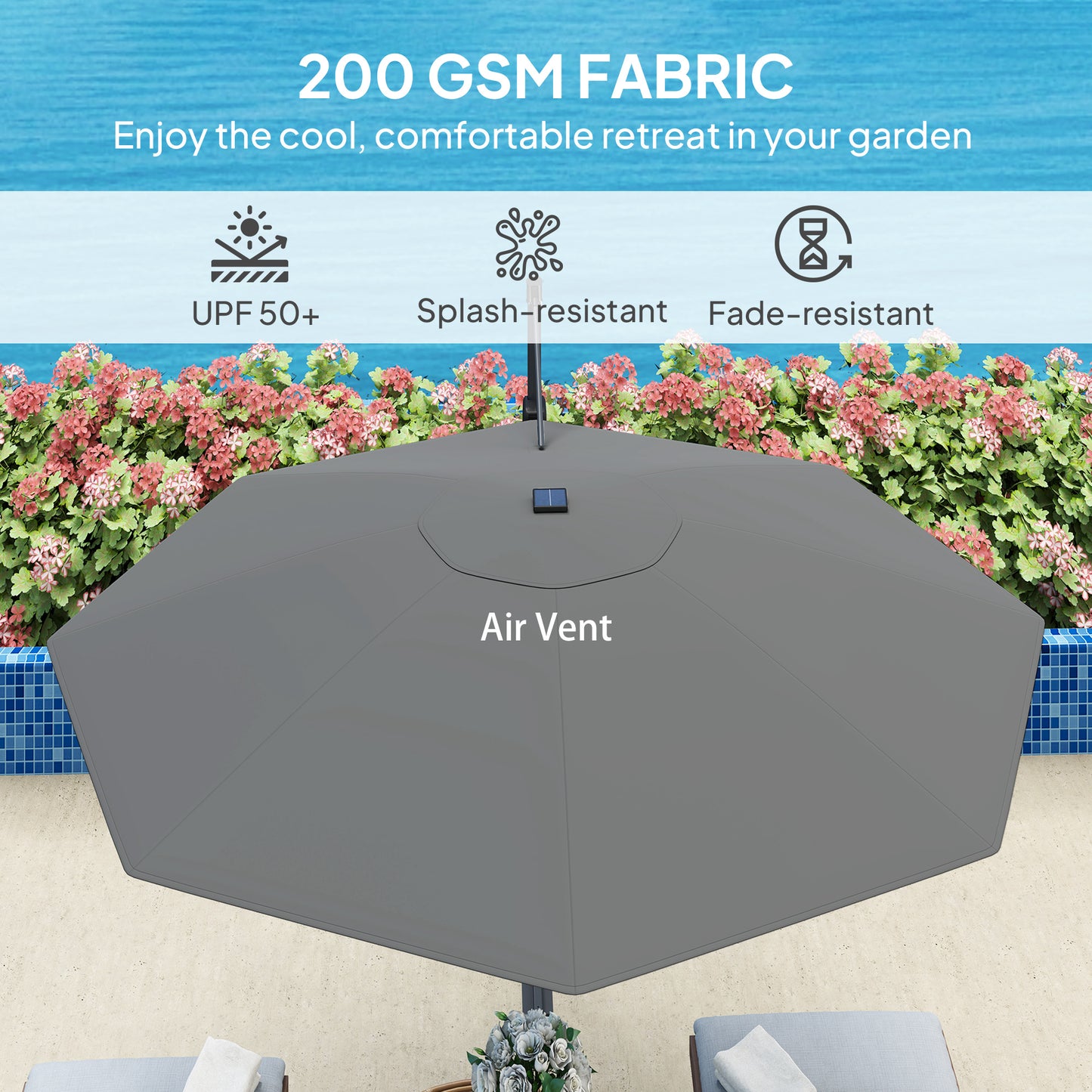 Outsunny 3(m) Cantilever Garden Parasol with Solar Powered Lights, Crank Handle & Cross Base, UPF 50+, 360° Rotation, Dark Grey