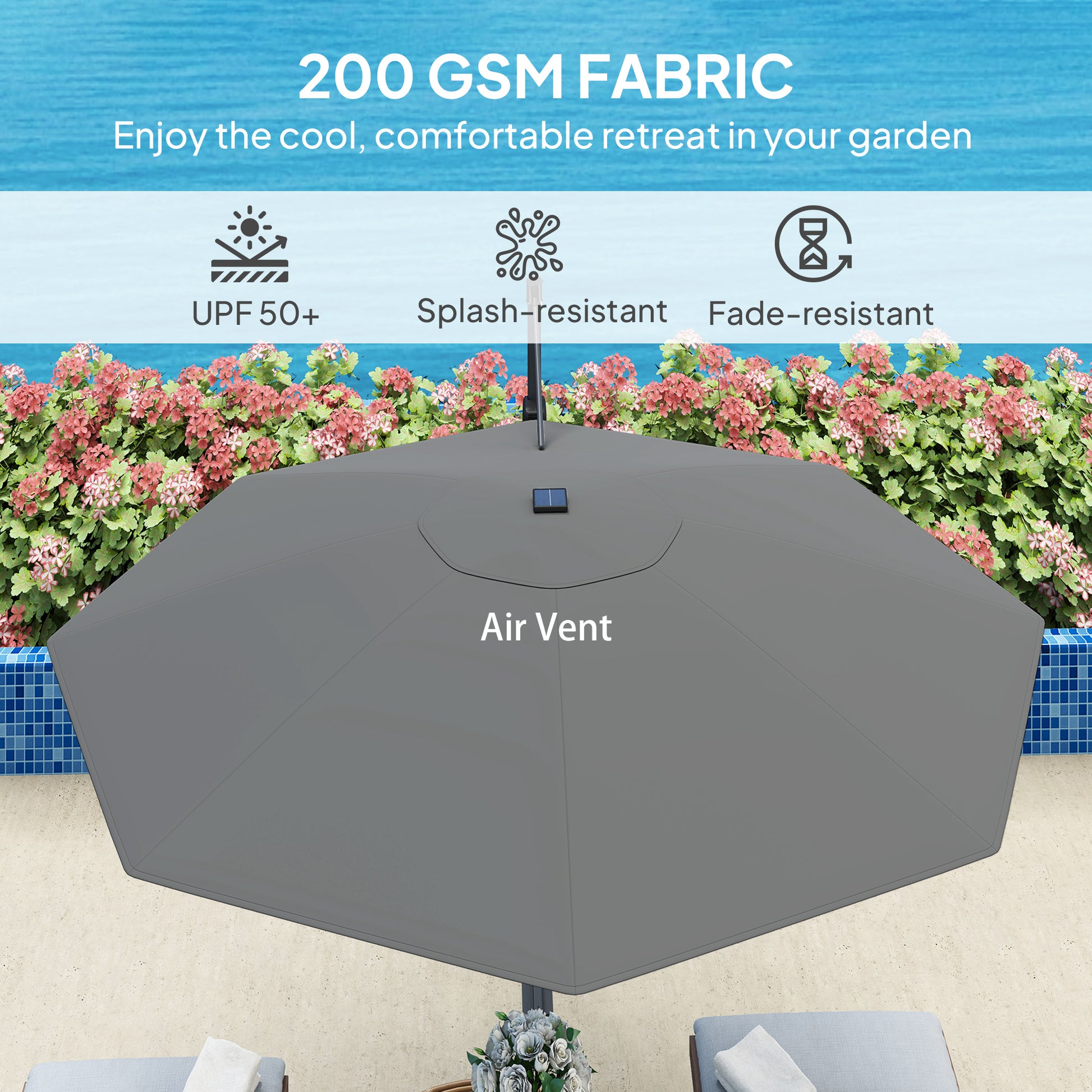 Outsunny 3(m) Cantilever Garden Parasol with Solar Powered Lights, Crank Handle & Cross Base, UPF 50+, 360° Rotation, Dark Grey