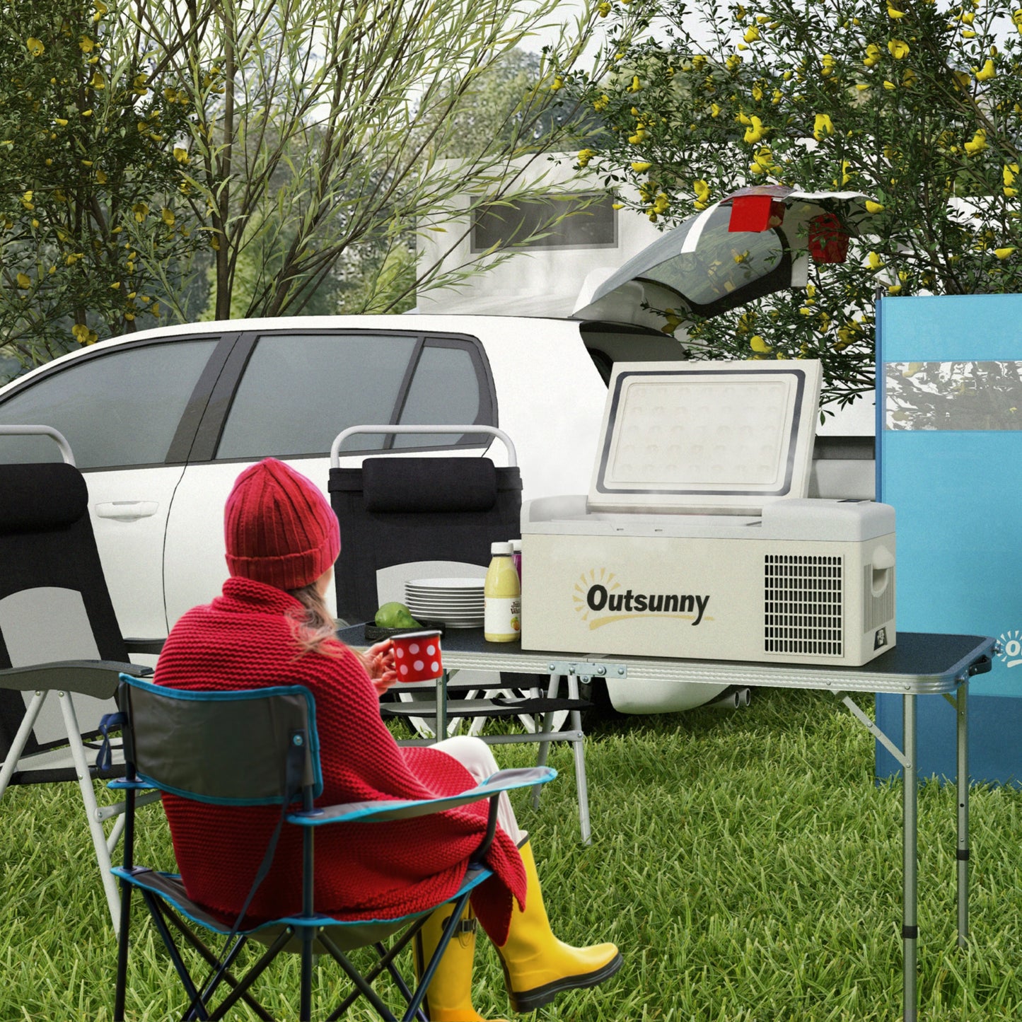 Outsunny 16L Portable Car Fridge, -20? to 10? Adjustable Temperature - Khaki/Grey