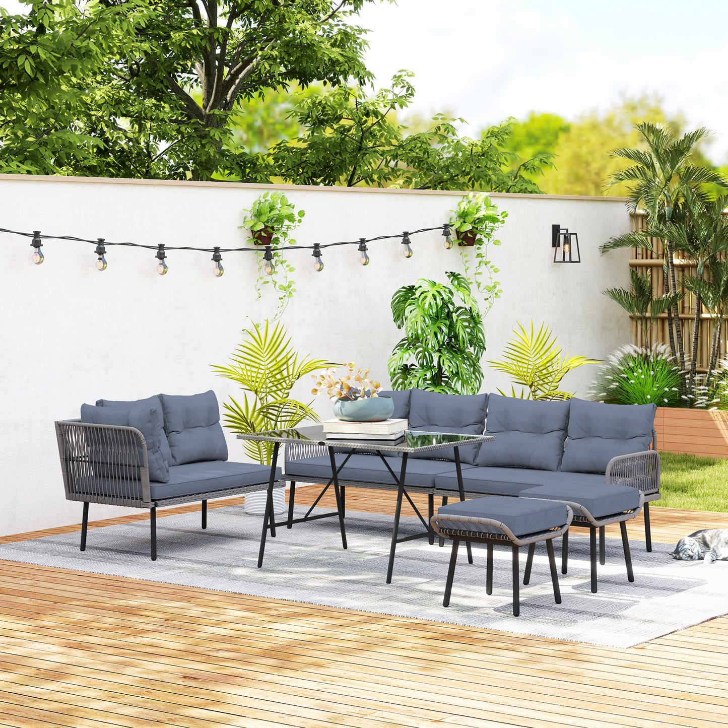 Outsunny 6 Piece Rattan Garden Furniture Set, 8 Seater Garden Corner Sofa with Cushions and Glass Top Table, Sectional Outdoor Furniture Conservatory Set for Patio, Charcoal Grey