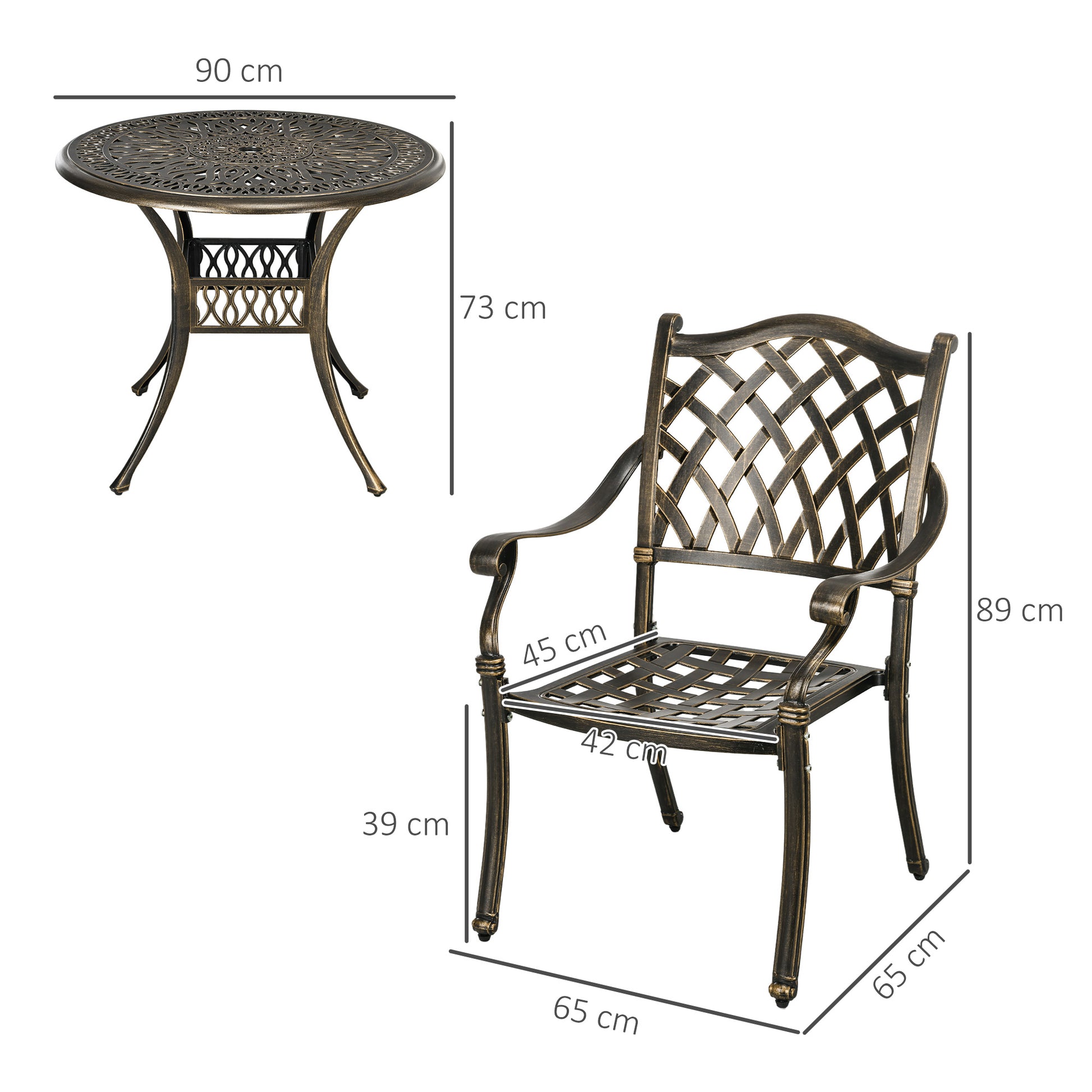 Outsunny 5-Piece Outdoor Furniture Dining Set, Cast Aluminum Conversation Set Includes 4 Chairs and ?90cm Round Table with ?50mm Umbrella Hole for Patio Garden Deck, Flower Design