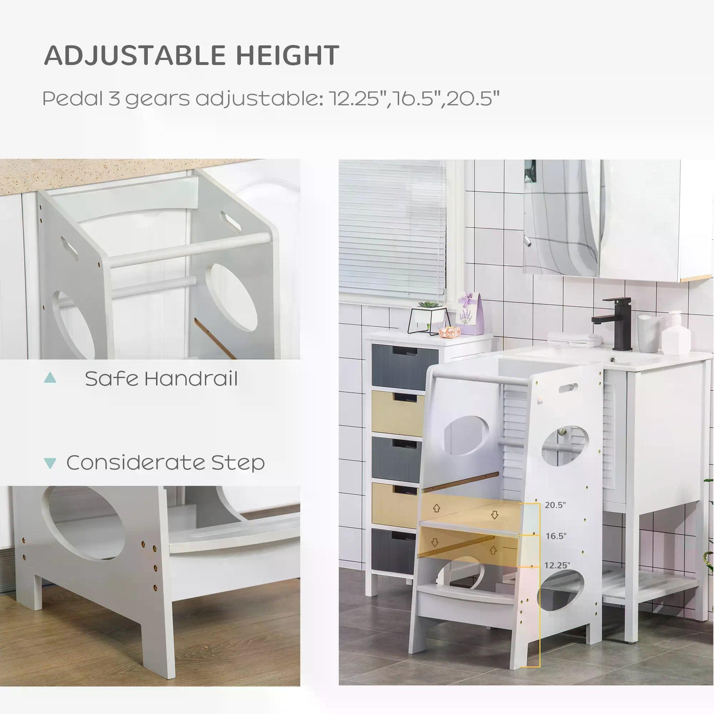 HOMCOM Toddler Step Stool Kids Adjustable Standing Tower with Safety Rail for Kitchen Counter Grey