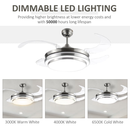 HOMCOM Indoor Ceiling Fan with Light, Retractable Blades, Modern Mount Dimmable LED Lighting Fan with Remote Controller, for Bedroom, Living Room
