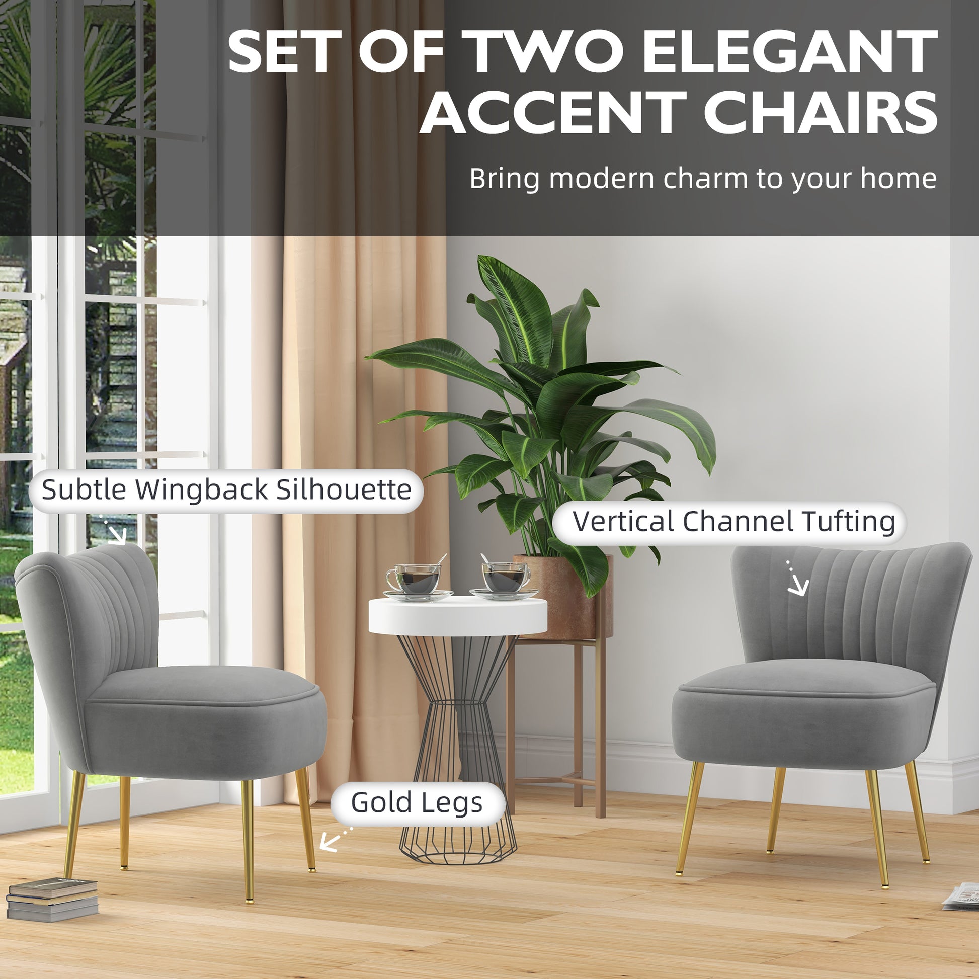 HOMCOM Set of 2 Accent Chairs, Upholstered Living Room Chairs with Gold Tone Steel Legs, Wingback Armless Chairs, Grey