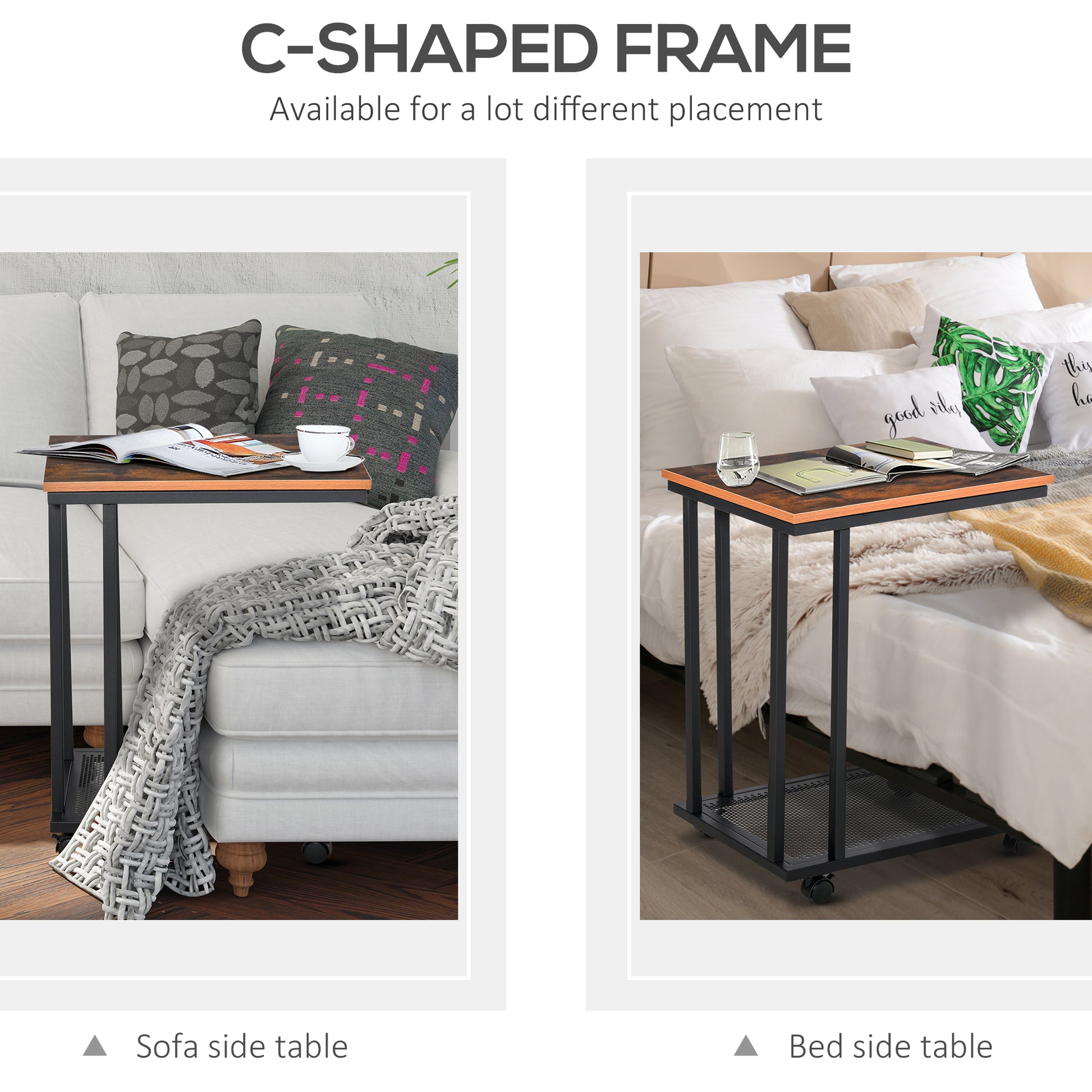 HOMCOM Mobile Sofa Side End Coffee Table Coffee Table Laptop Stand Metal Frame Rolling Castors Storage Wooden Trolly