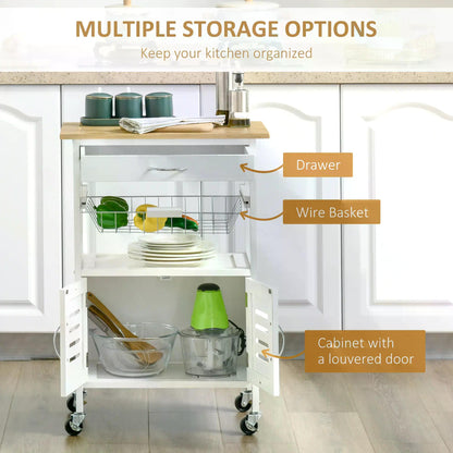HOMCOM Rolling Kitchen Island Trolley Utility Cart on Wheels with Bamboo Table Top, Storage Cabinet, Drawer and Wire Basket - White