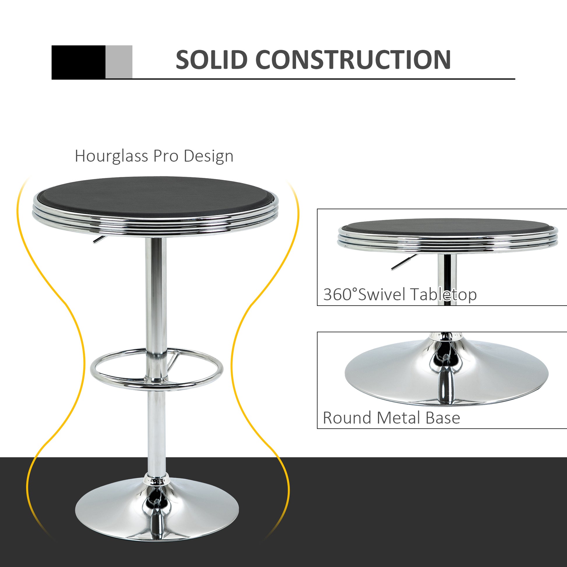 HOMCOM Round Height Adjustable Pub Table Counter Bar Table with Faux Leather Tabletop and Adjustable Footrest for Dining Room, Home Bar