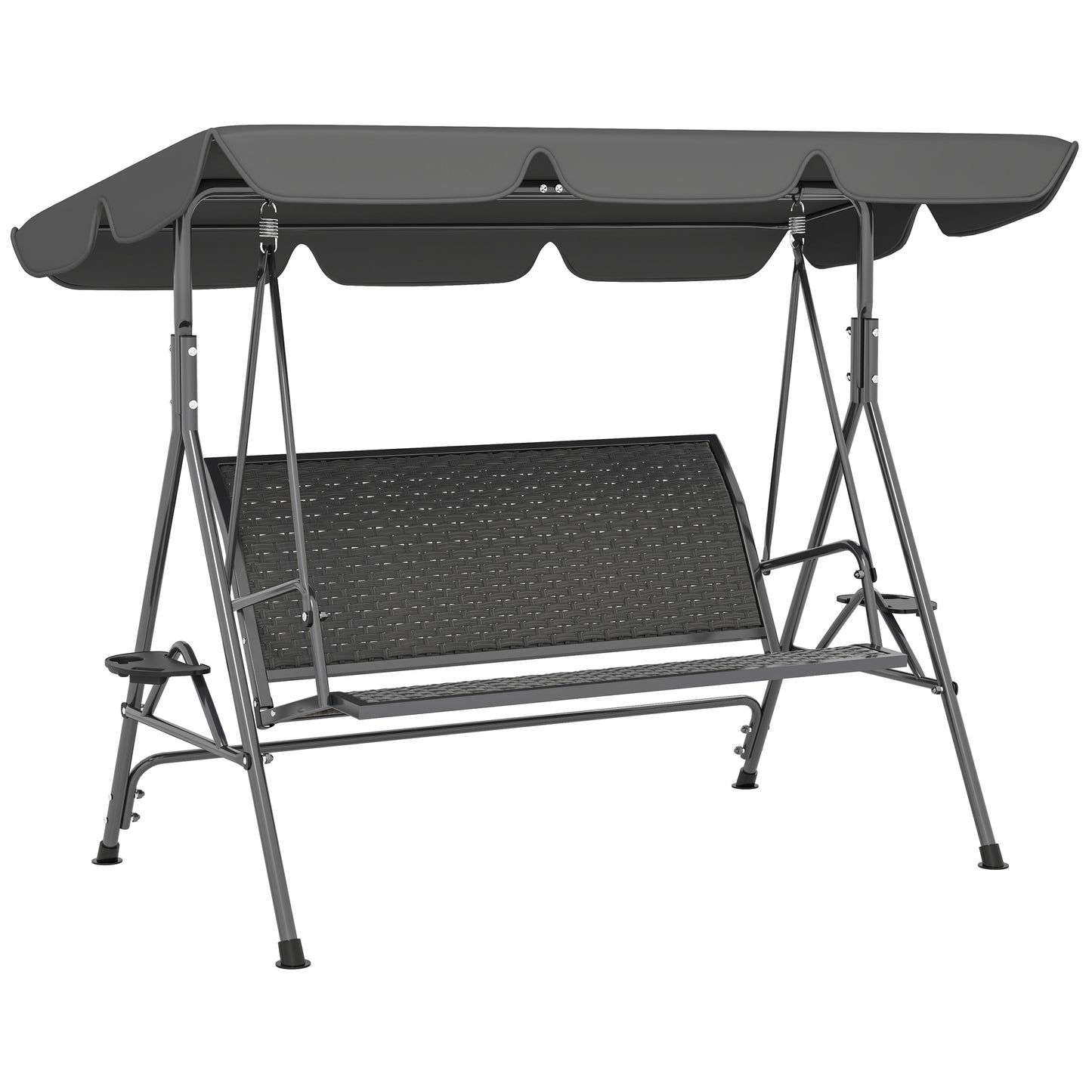 Outsunny 3 Seater Swing Chair, Garden Swing Seat Bench with Adjustable Canopy, Rattan Seat and Steel Frame for Patio, Yard, Grey