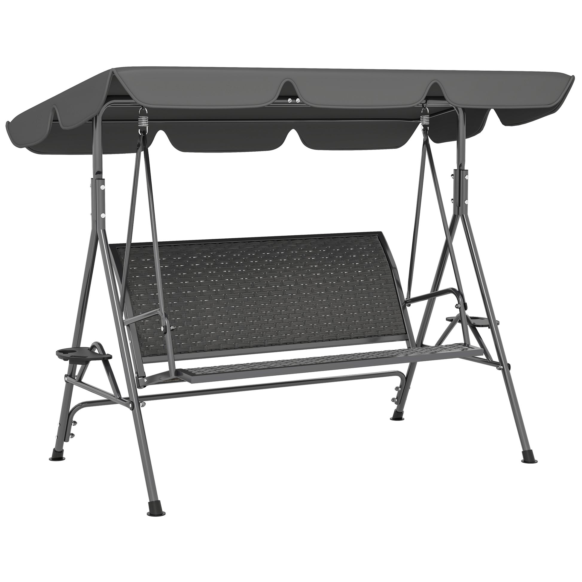 Outsunny 3 Seater Swing Chair, Garden Swing Seat Bench with Adjustable Canopy, Rattan Seat and Steel Frame for Patio, Yard, Grey