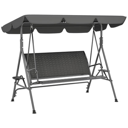Outsunny 3 Seater Swing Chair, Garden Swing Seat Bench with Adjustable Canopy, Rattan Seat and Steel Frame for Patio, Yard, Grey