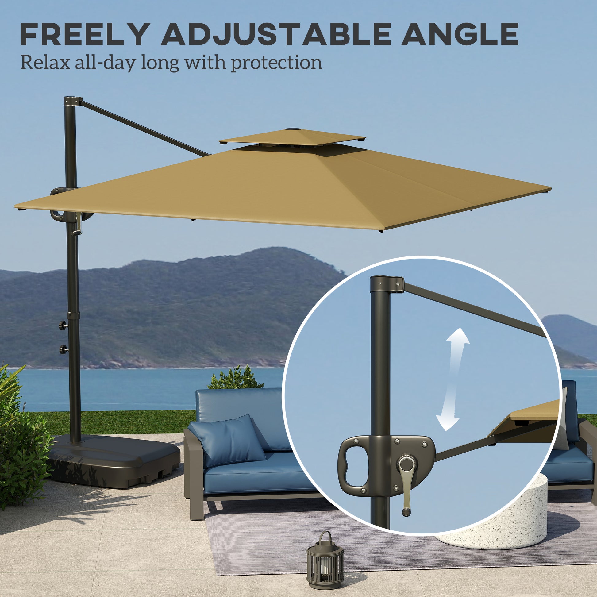 Outsunny Cantilever Parasol with Weighted Base Double Top Garden Parasol Square Hanging Patio Umbrella with Crank Tilt Khaki
