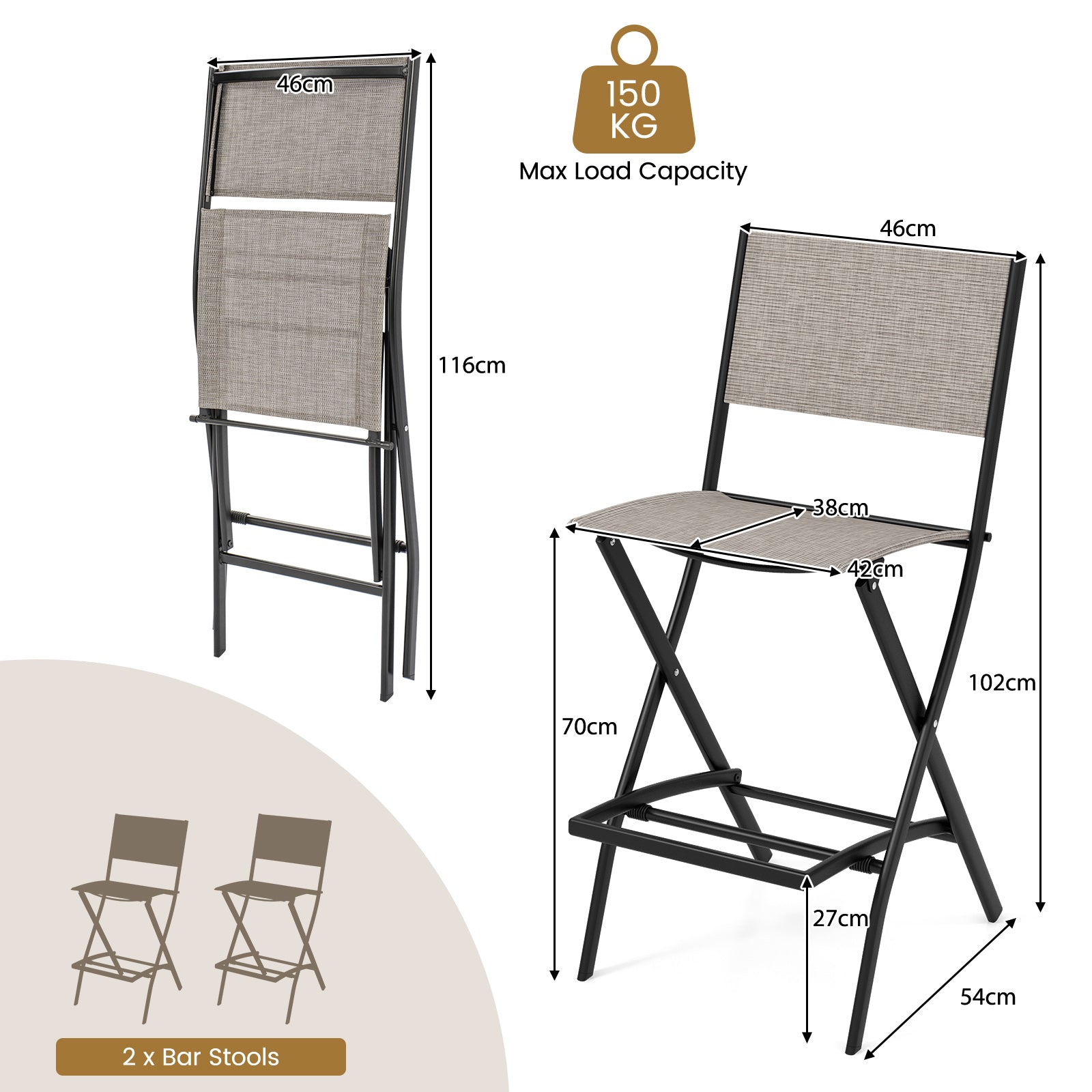 Folding Bar Height Stool with Metal Frame and Footrest-Beige