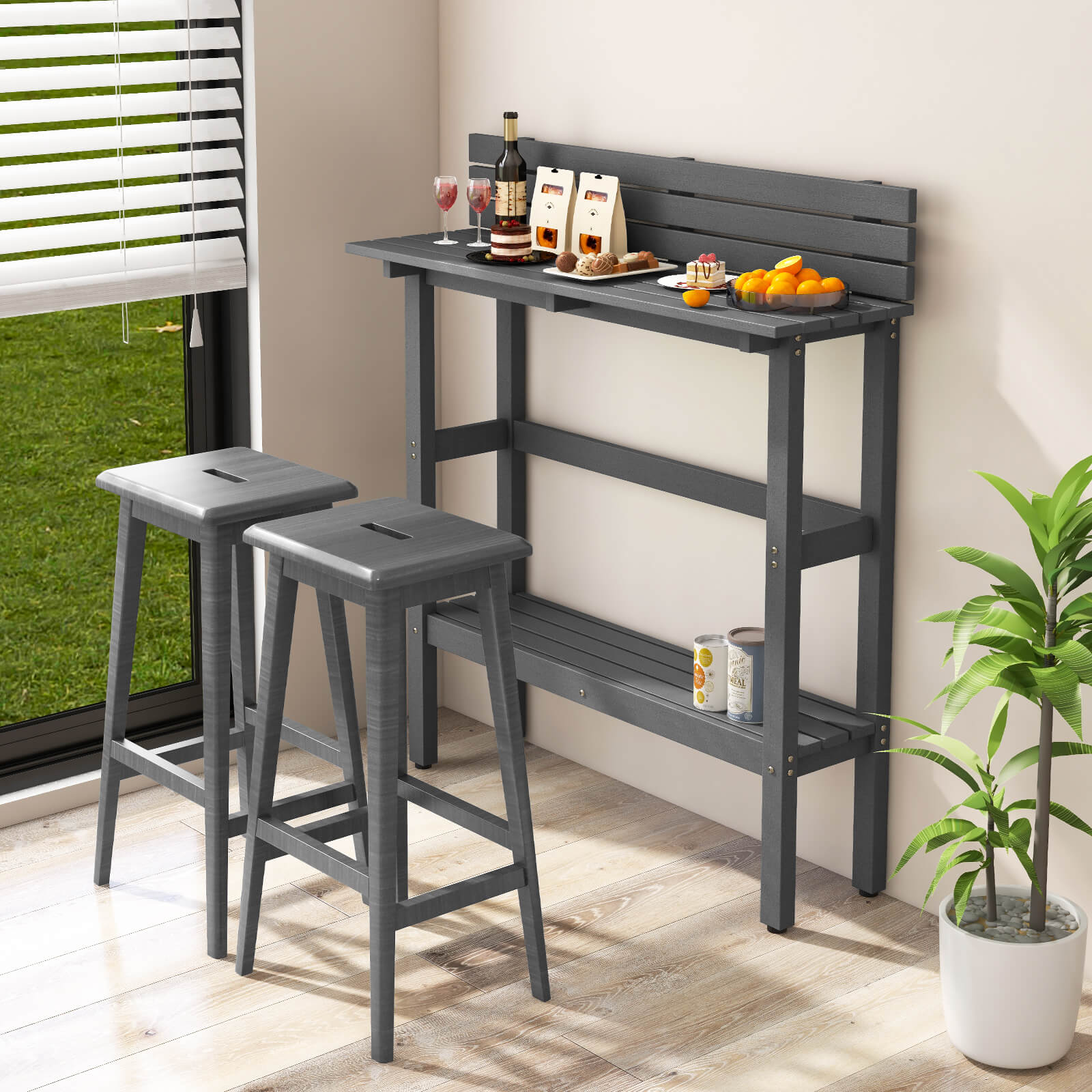 Outdoor Bar Table Patio Pub Height Counter Table with Storage Shelf-Grey