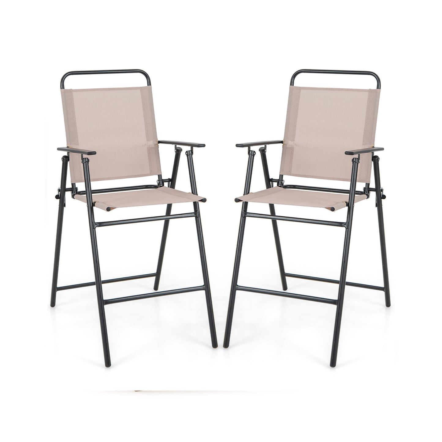 Outdoor Folding Bar Chair Set of 2 with Backrest Armrests Footrest-Beige