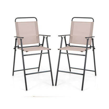 Outdoor Folding Bar Chair Set of 2 with Backrest Armrests Footrest-Beige
