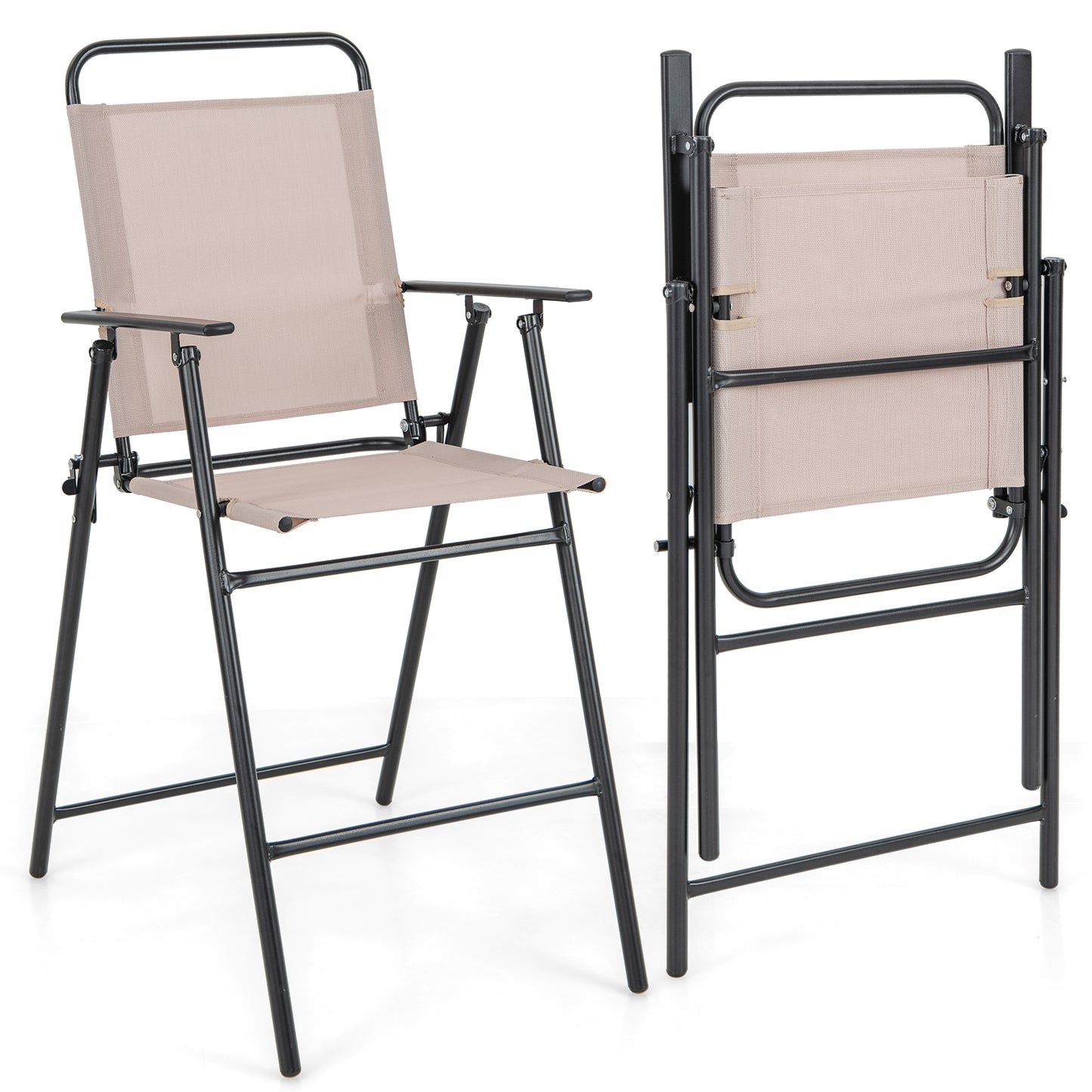 Outdoor Folding Bar Chair Set of 2 with Backrest Armrests Footrest-Beige
