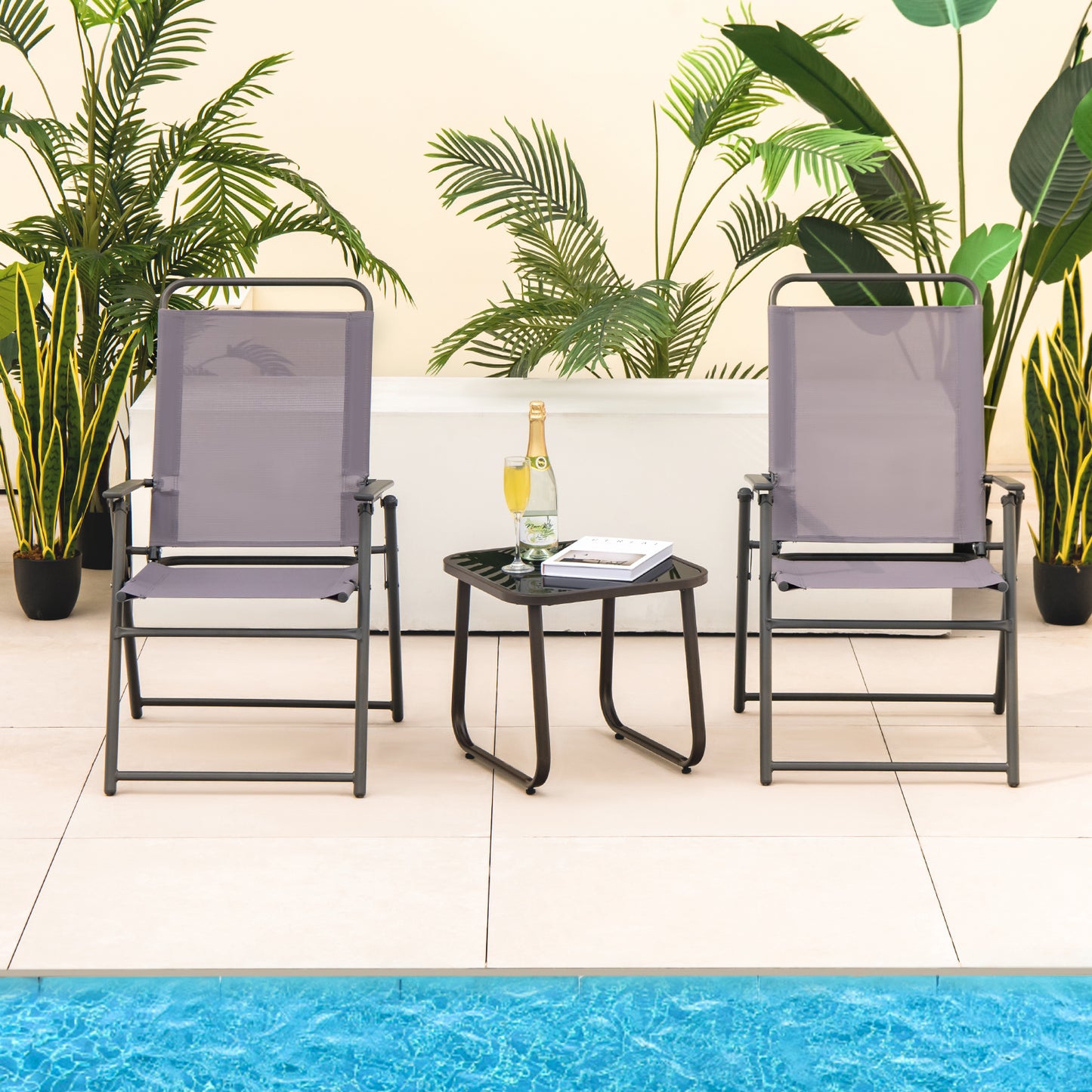 Outdoor Folding Sling Chairs Set of 2 for Balcony, Garden, Poolside-Grey