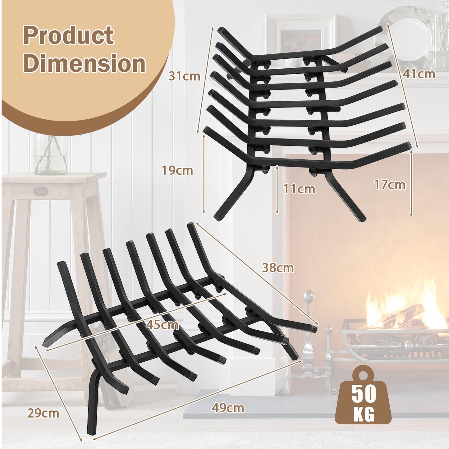 Outdoor Grill Fireplace Log Grate Holder with 7 Steel Bars-S