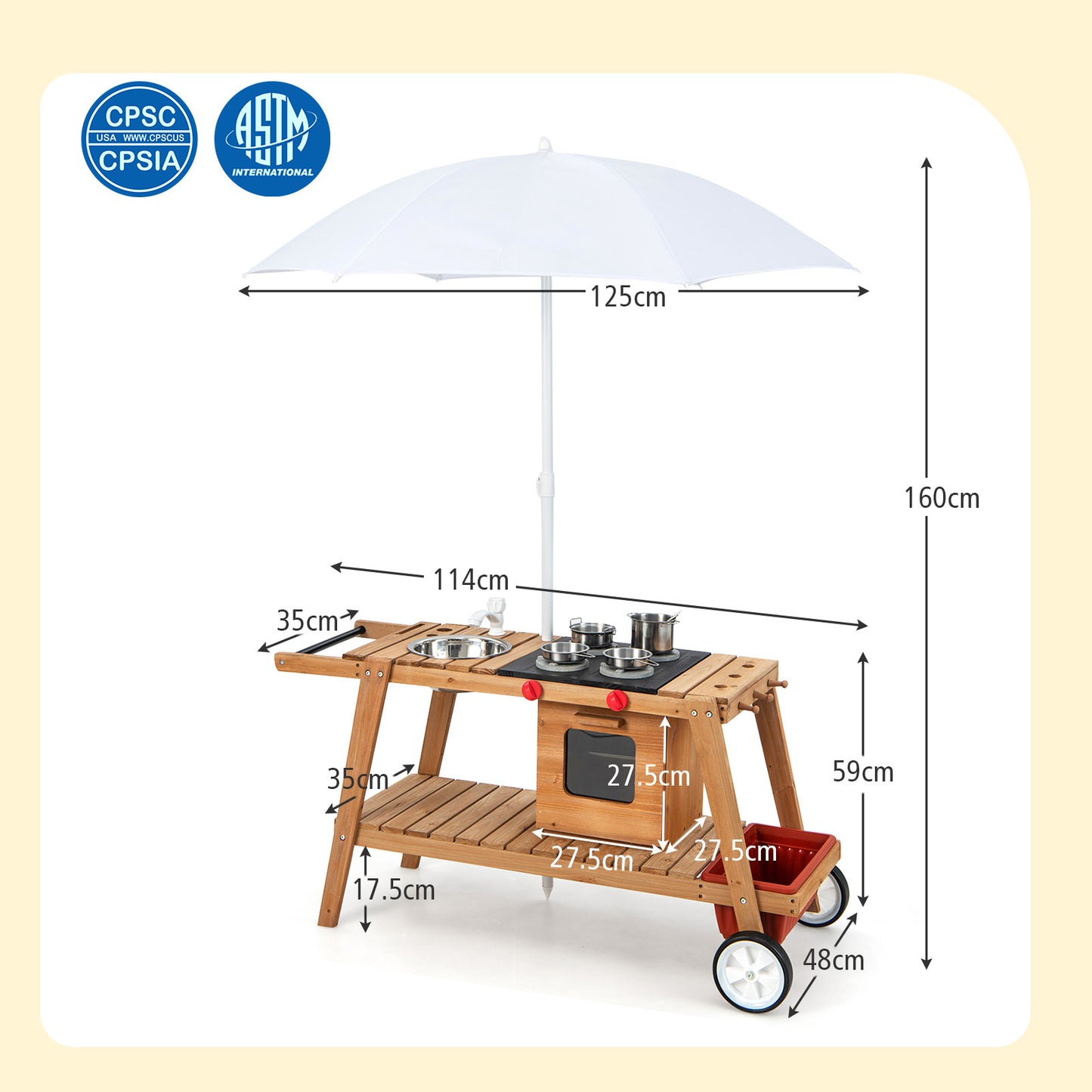 Wooden Kids Play Trolley with Umbrella and Storage Cabinet-White