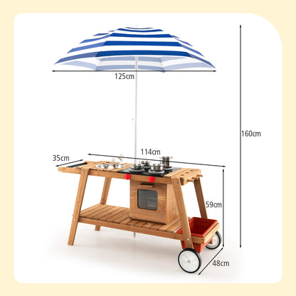 Wooden Kids Play Trolley with Umbrella and Storage Cabinet-Blue