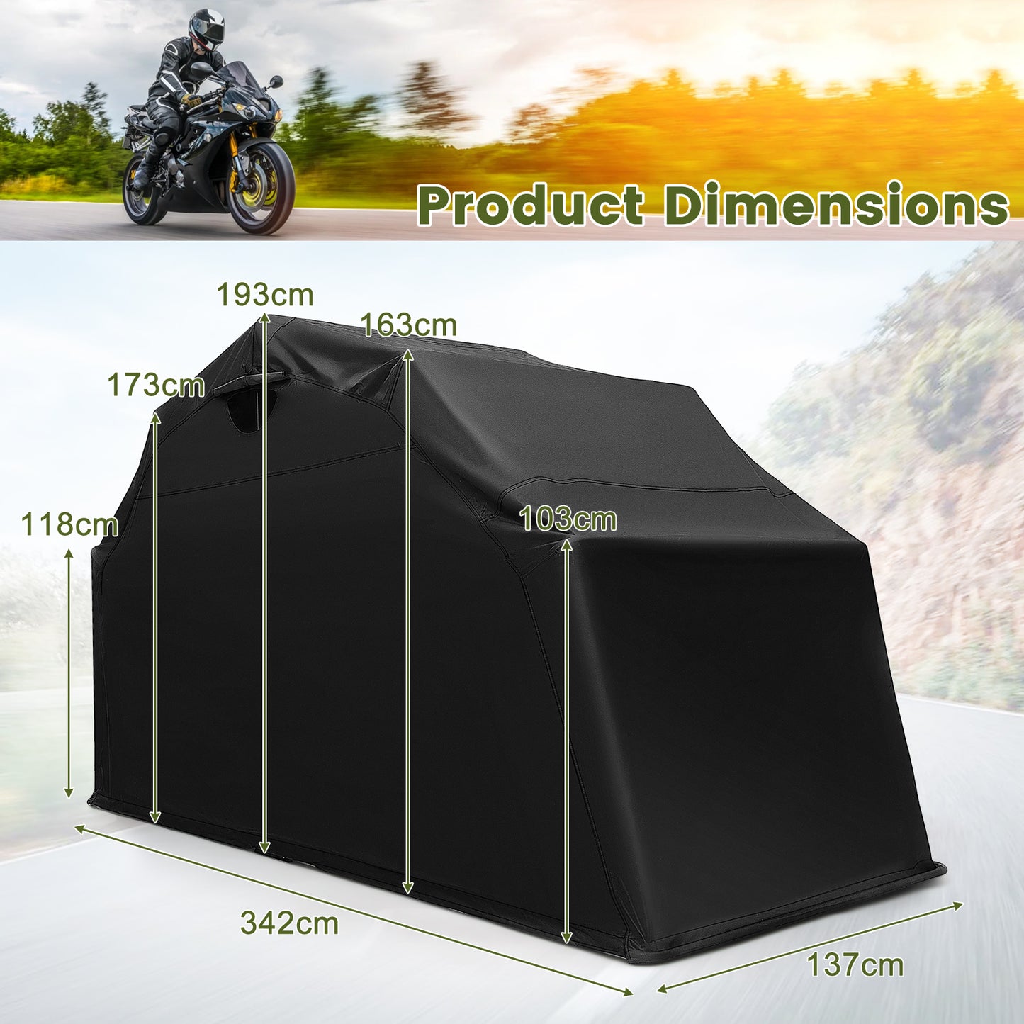 Outdoor Motorcycle Shelter Storage Shed with 600D Oxford Fabric Cover-Black