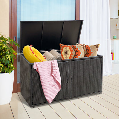 330L 2-Tier Outdoor PE Wicker Storage Box with Lid and Front Doors-Black