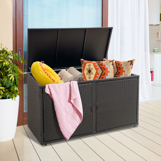 330L 2-Tier Outdoor PE Wicker Storage Box with Lid and Front Doors-Black