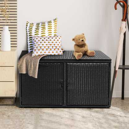 330L 2-Tier Outdoor PE Wicker Storage Box with Lid and Front Doors-Black