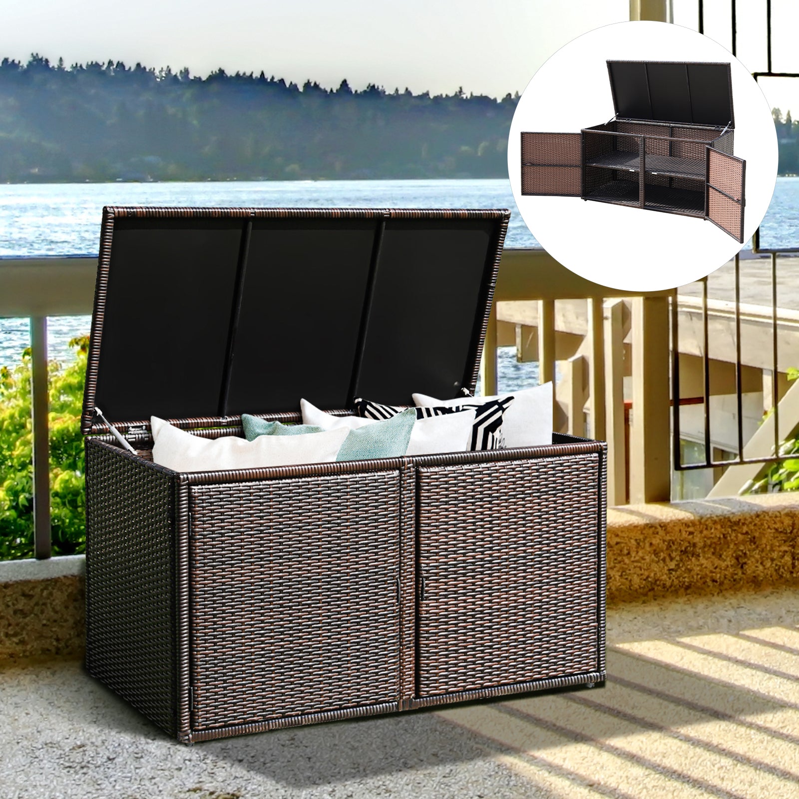 330L 2-Tier Outdoor PE Wicker Storage Box with Lid and Front Doors-Brown