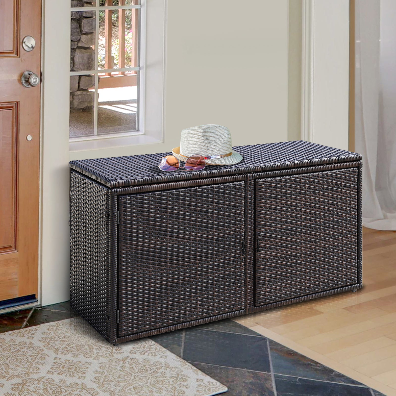 330L 2-Tier Outdoor PE Wicker Storage Box with Lid and Front Doors-Brown
