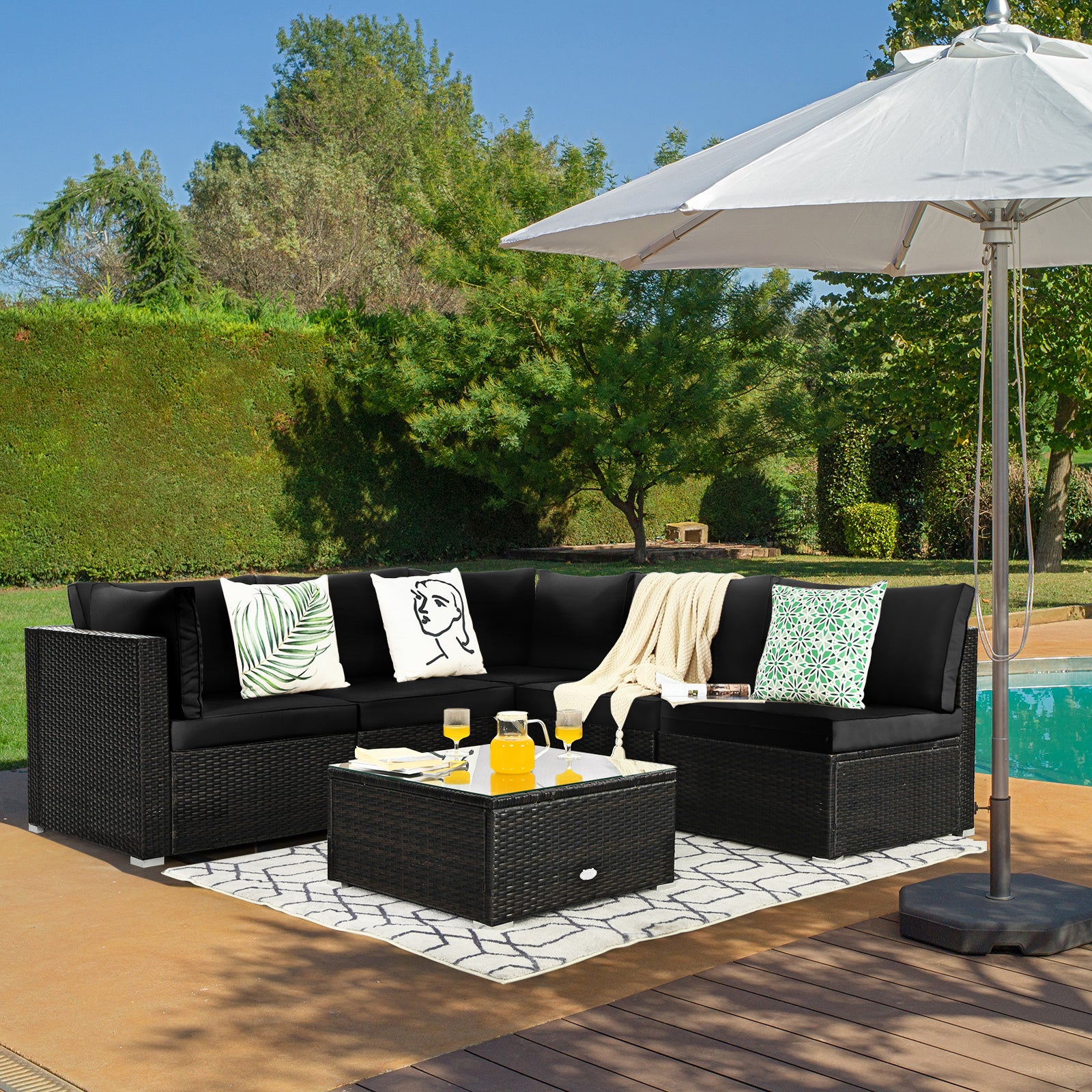 6 Piece Outdoor Rattan Sofa Set with Soft Seat and Back Cushions-Black