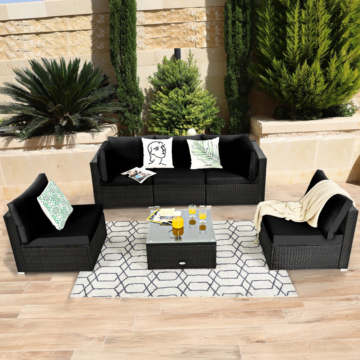 6 Piece Outdoor Rattan Sofa Set with Soft Seat and Back Cushions-Black