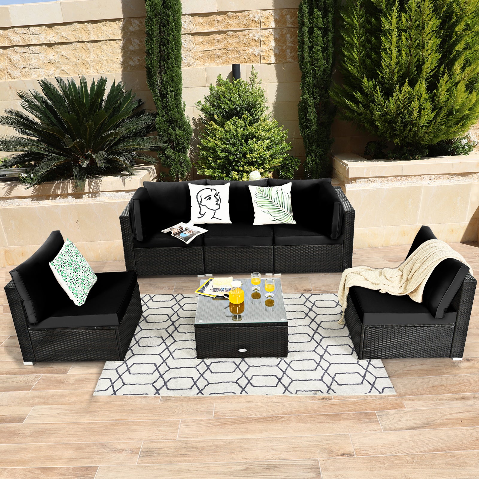 6 Piece Outdoor Rattan Sofa Set with Soft Seat and Back Cushions-Black