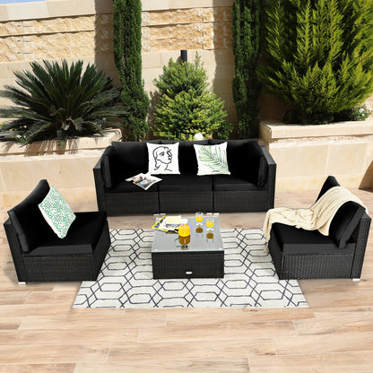 6 Piece Outdoor Rattan Sofa Set with Soft Seat and Back Cushions-Black
