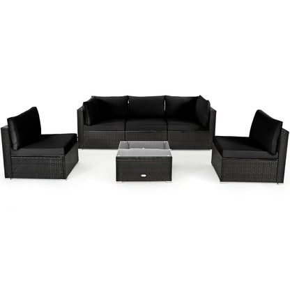 6 Piece Outdoor Rattan Sofa Set with Soft Seat and Back Cushions-Black