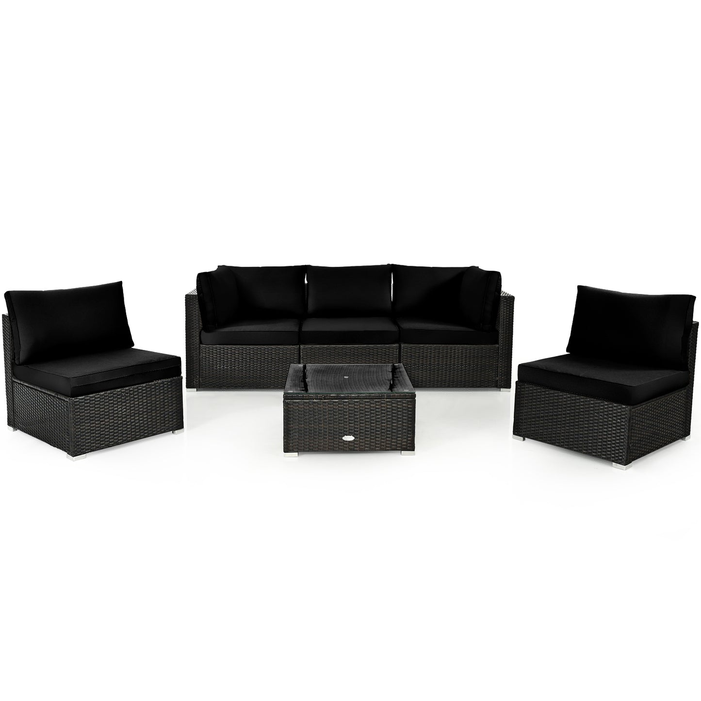 6 Piece Outdoor Rattan Sofa Set with Soft Seat and Back Cushions-Black