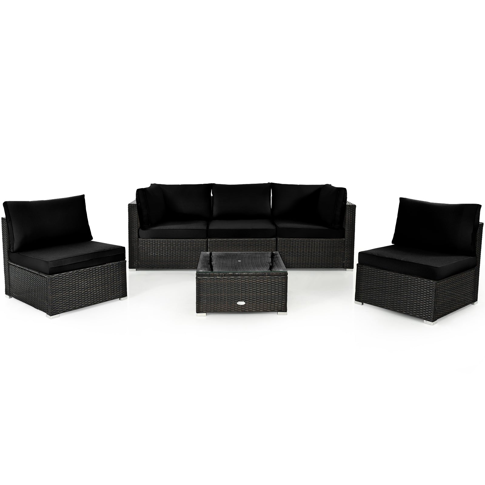 6 Piece Outdoor Rattan Sofa Set with Soft Seat and Back Cushions-Black
