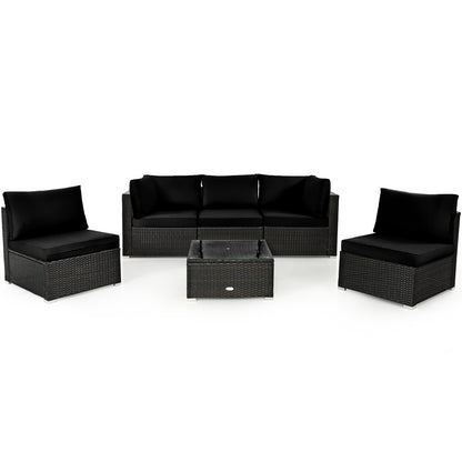 6 Piece Outdoor Rattan Sofa Set with Soft Seat and Back Cushions-Black