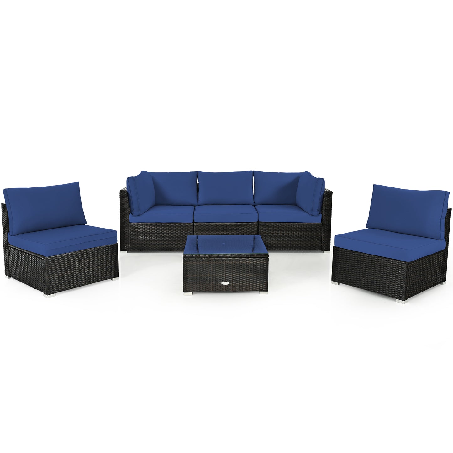 6 Piece Outdoor Rattan Sofa Set with Soft Seat and Back Cushions-Navy