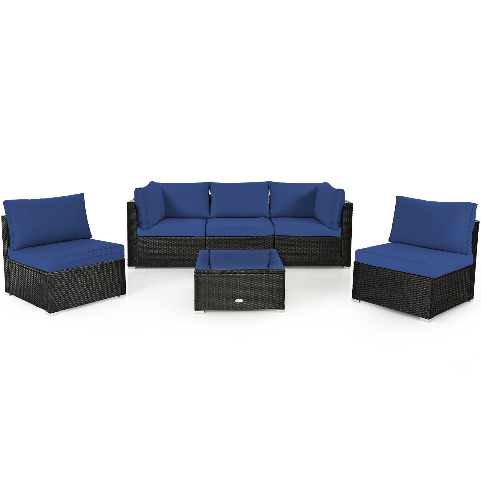 6 Piece Outdoor Rattan Sofa Set with Soft Seat and Back Cushions-Navy
